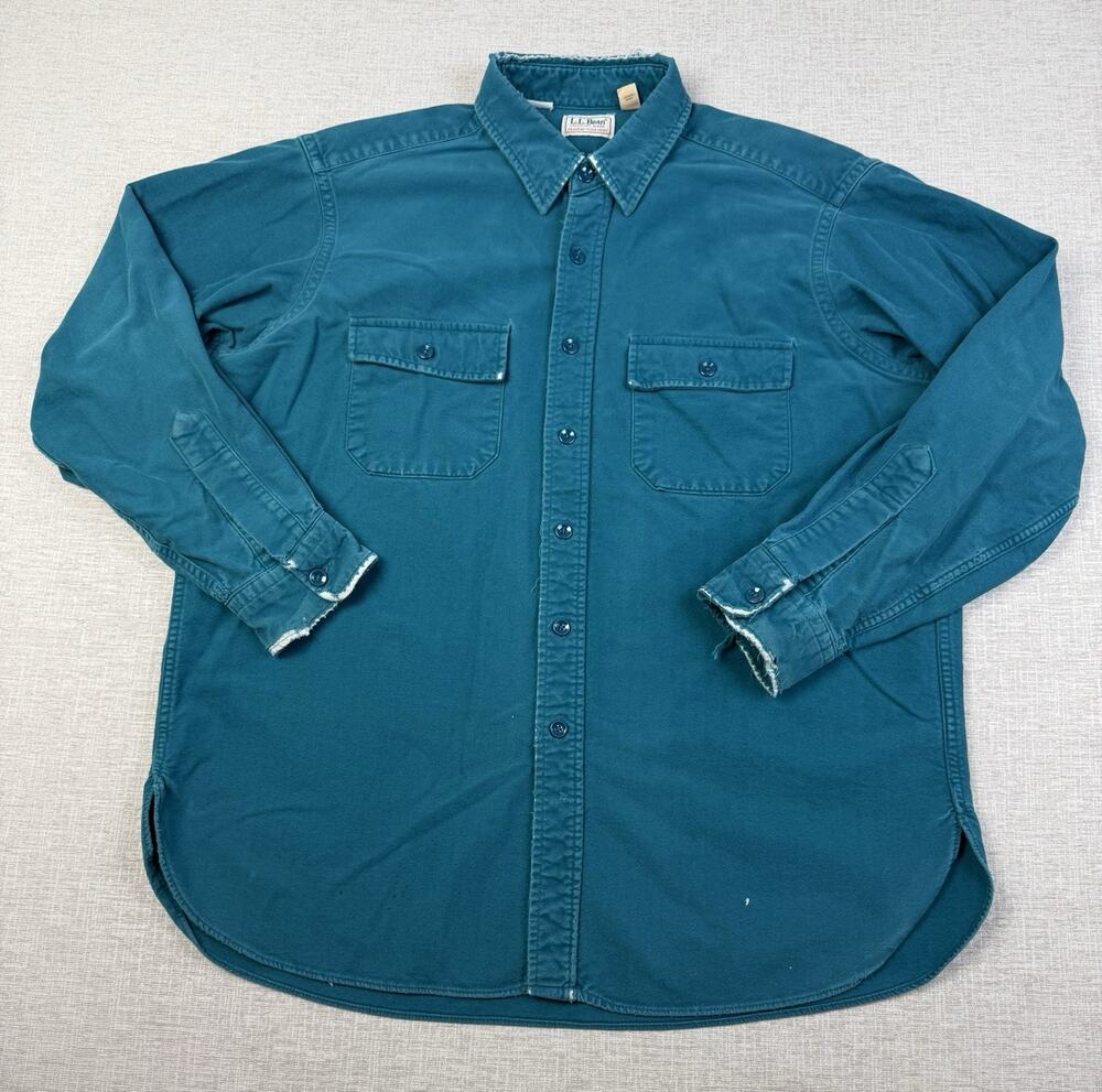 Vintage LL Bean Chamois Cloth Shirt Women’s 17 Teal Cotton USA Made Distressed